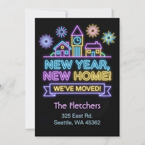 Neon Glow Lights New Year New Home Moving Holiday Card