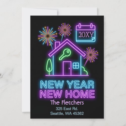 Neon Glow Lights New Year New Home Moving Holiday Card