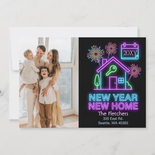Neon Glow Lights New Year New Home Moving Photo Holiday Card