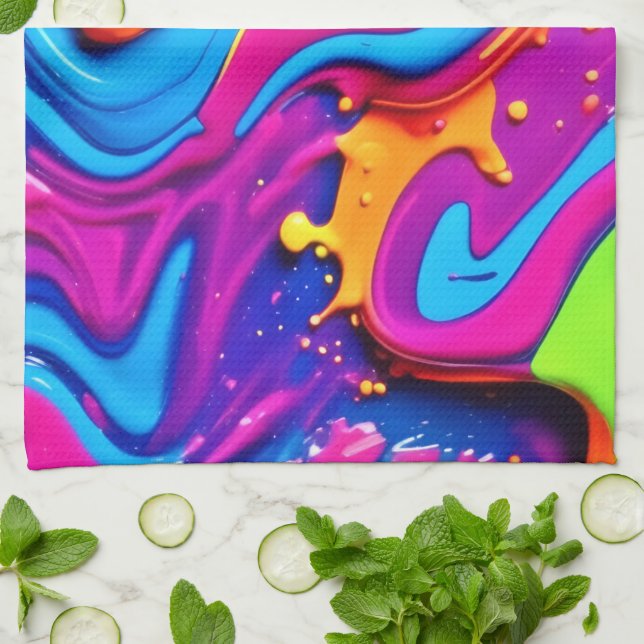 Neon Glow Liquid Splatter Artwork Kitchen Towel (Folded)