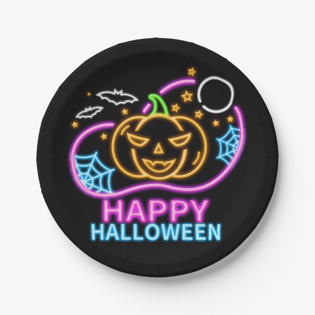 Neon Glow Look Halloween Pumpkin Bats Web Moon 7" Paper Plates (Front)