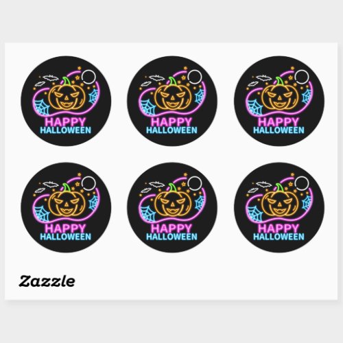 Neon Glow Look Halloween Pumpkin Bats Web Moon   Classic Round Sticker