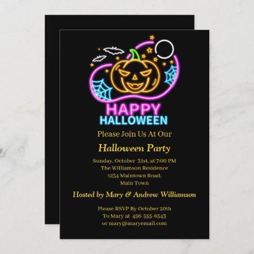 Neon Glow Look Halloween Pumpkin Bats Web Moon Invitation