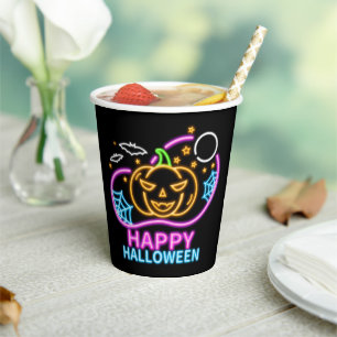 Neon Glow Look Halloween Pumpkin Bats Web Moon Paper Cups