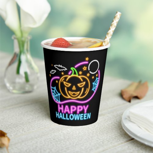 Neon Glow Look Halloween Pumpkin Bats Web Moon Paper Cups