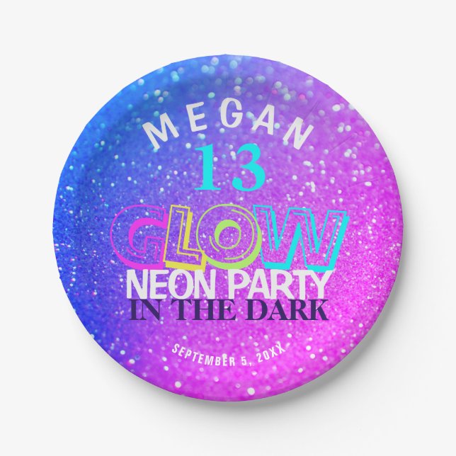 Neon glow modern 13th birthday party paper plates (Front)