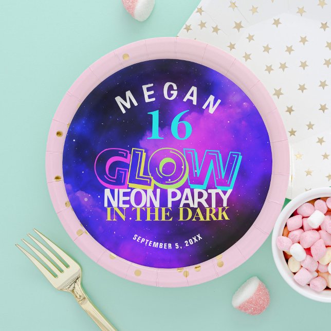 Neon glow modern Sweet 16 birthday party Paper Pla Paper Plates (Creator Uploaded)