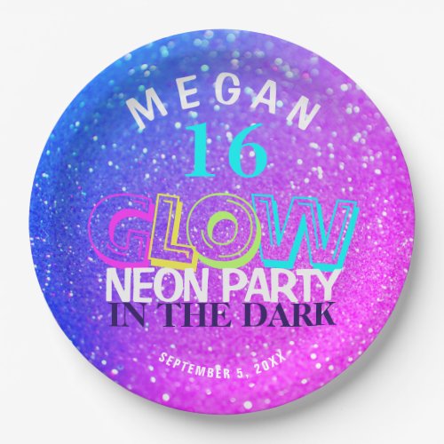 Neon glow modern Sweet 16 birthday party Paper Plates