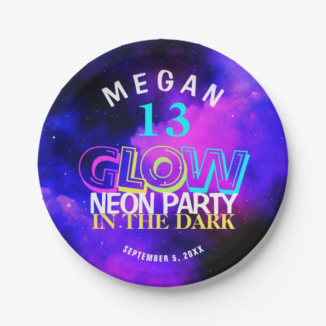 Neon glow modern teen 13th birthday party paper pl plates (Front)