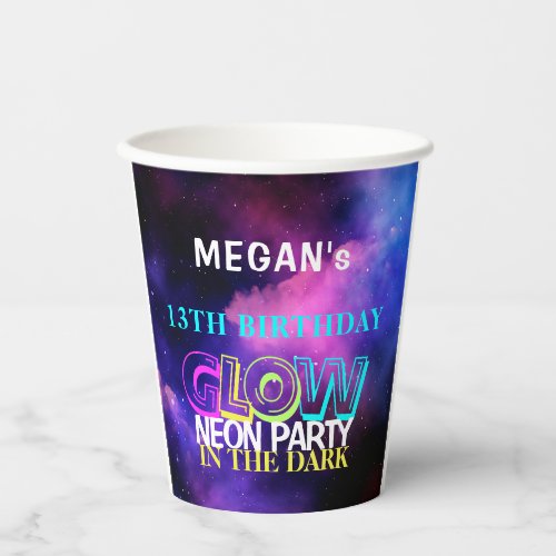Neon glow modern teen birthday party paper cups