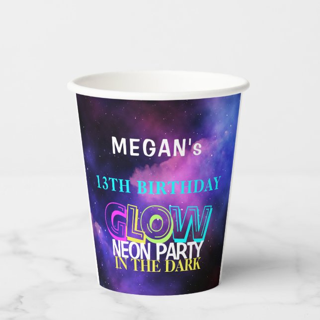 Neon glow modern teen birthday party paper cups (Front)