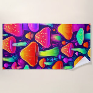 Neon Glow Mushroom Forest Beach Towel