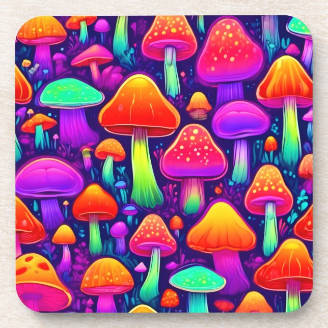 Neon Glow Mushroom Forest Beverage Coaster (Front)