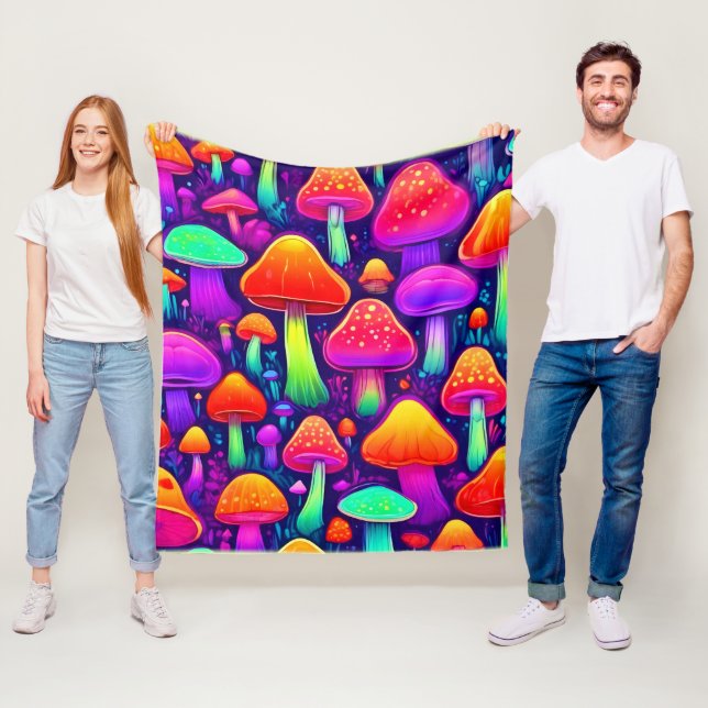 Neon Glow Mushroom Forest Fleece Blanket (In Situ)