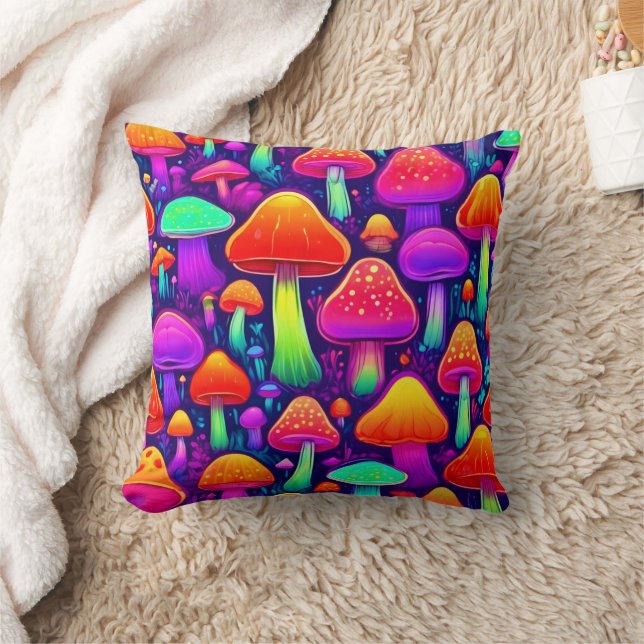 Neon Glow Mushroom Forest Throw Pillow (Blanket)