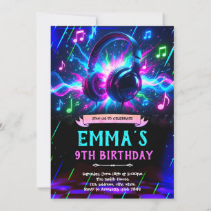 Neon glow music birthday party invitation