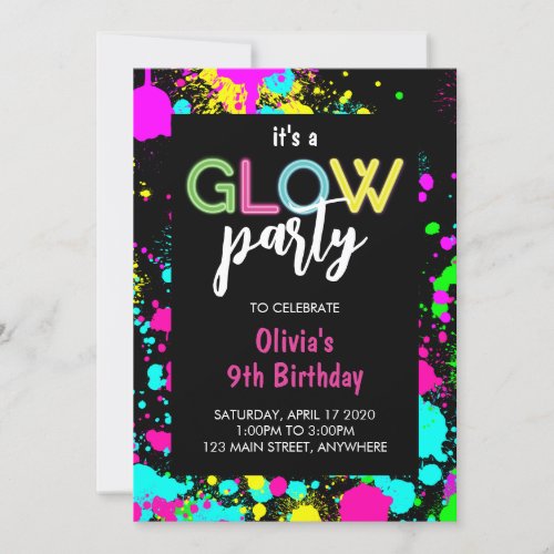 Neon Glow Paint Splatter Birthday  Invitation