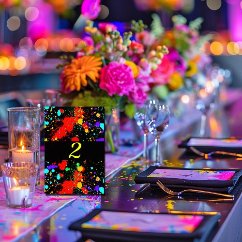 Neon Glow Paint Splatter Custom Table Number