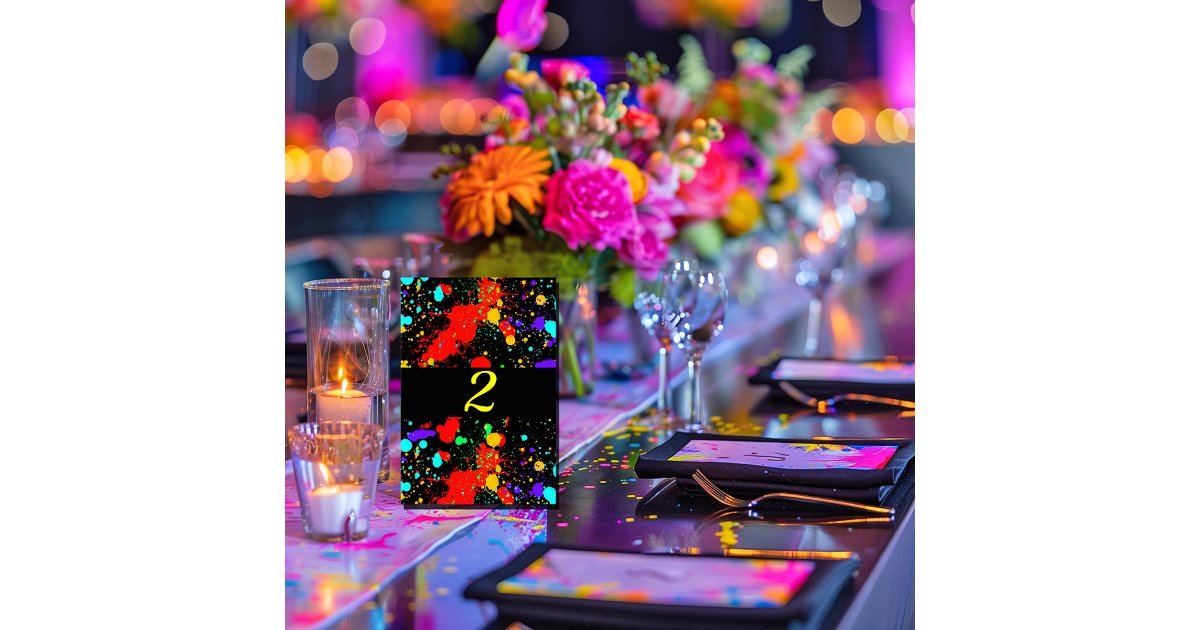 Neon Glow Paint Splatter Table Number | Zazzle