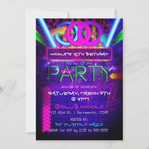 Neon Glow PARTY Birthday Club Event Invitations