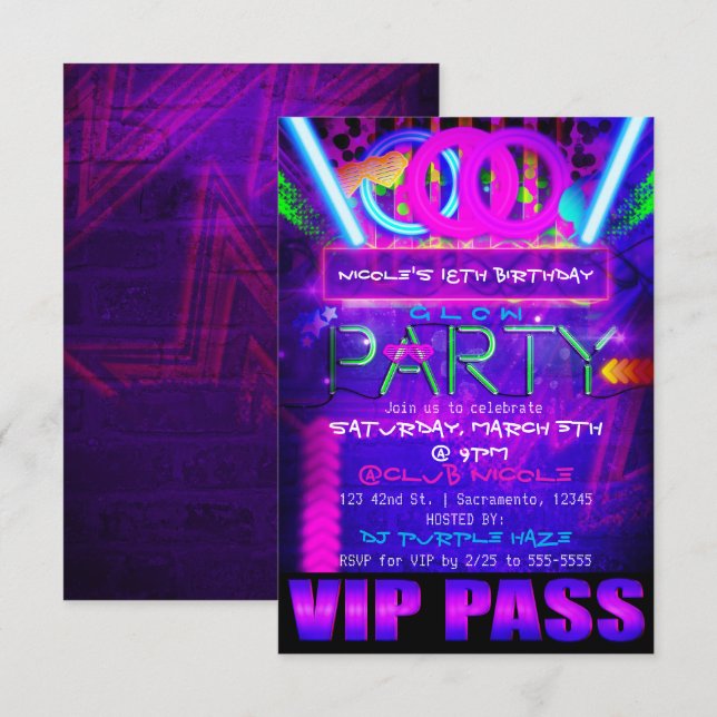 Neon Glow PARTY Birthday VIP PASS Club Invitations (Front/Back)