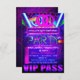 Neon Glow PARTY Birthday VIP PASS Club Invitations