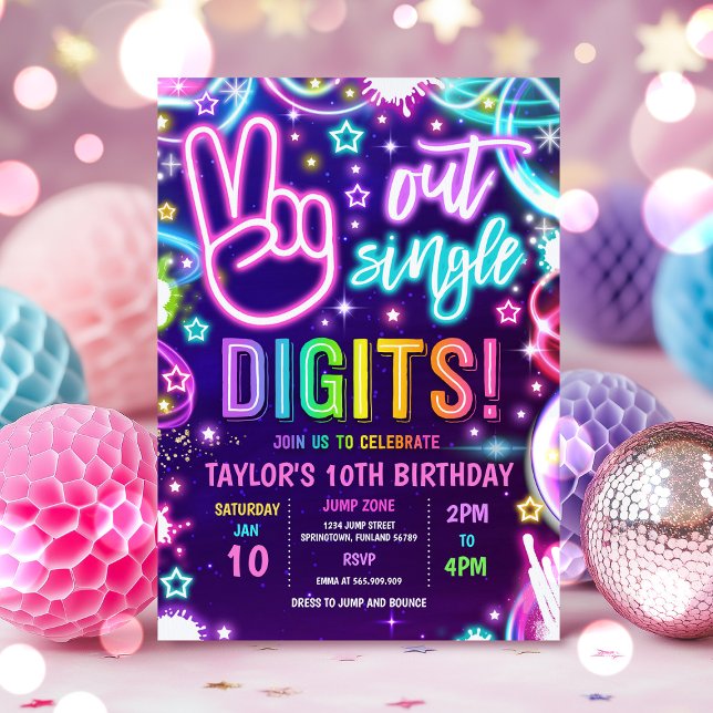 Neon Glow Peace Out Single Digits 10th Birthday  Invitation (Creator Uploaded)