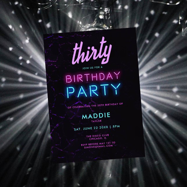 Neon Glow Pink Teal Black Disco 30th Birthday Invitation (Creator Uploaded)