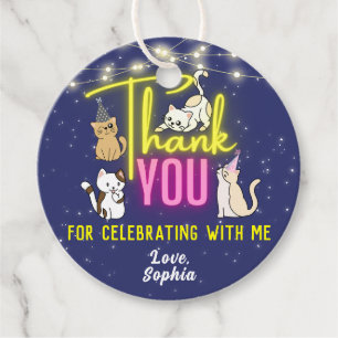 Neon Glow Pink Yellow Cute Cats Party Thank You Favor Tags