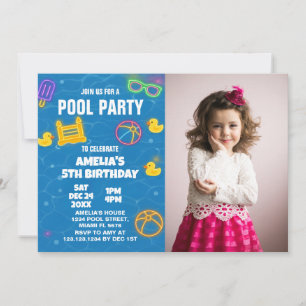 Neon Glow Pool Bash Invitation with photo