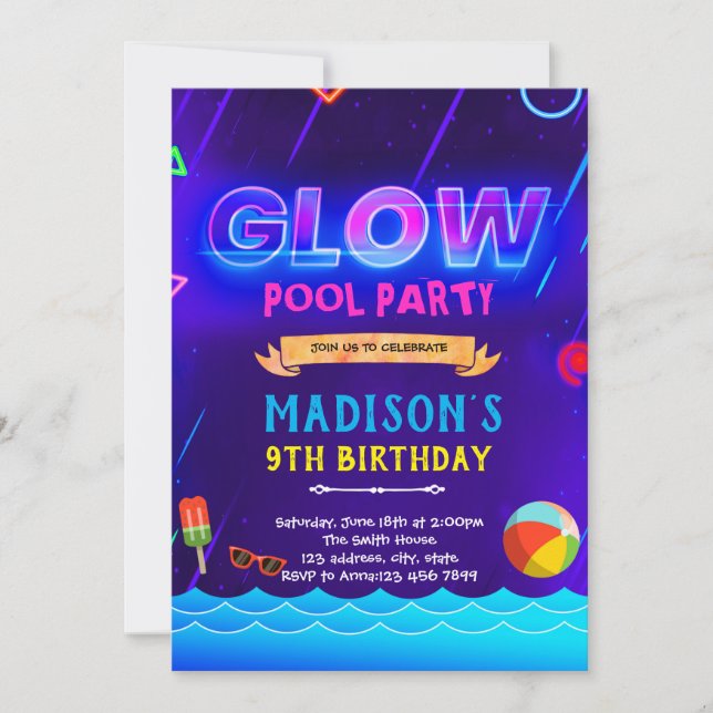 Neon glow pool invitation (Front)