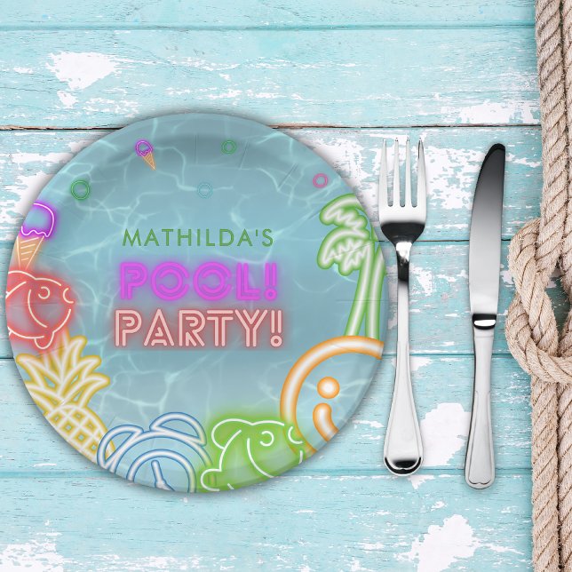 Neon Glow Pool Party Any Age Birthday  Paper Plates (Creator Uploaded)