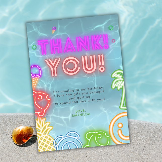 Neon Glow Pool Party Any Age Birthday  Thank You Card (Creator Uploaded)