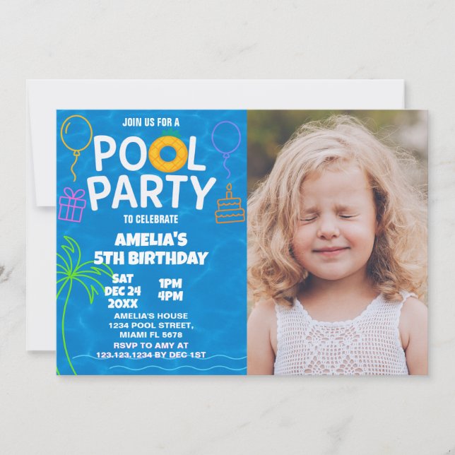 Neon Glow Pool Party Birthday Invitation (Front)