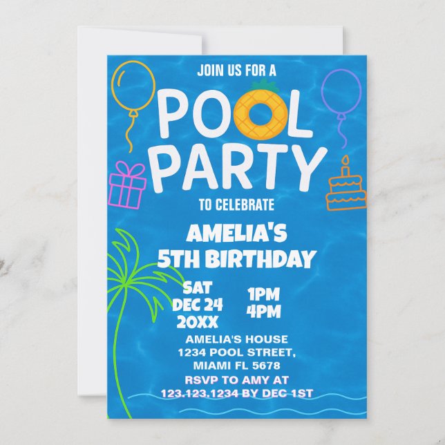 Neon Glow Pool Party Birthday Invitation (Front)