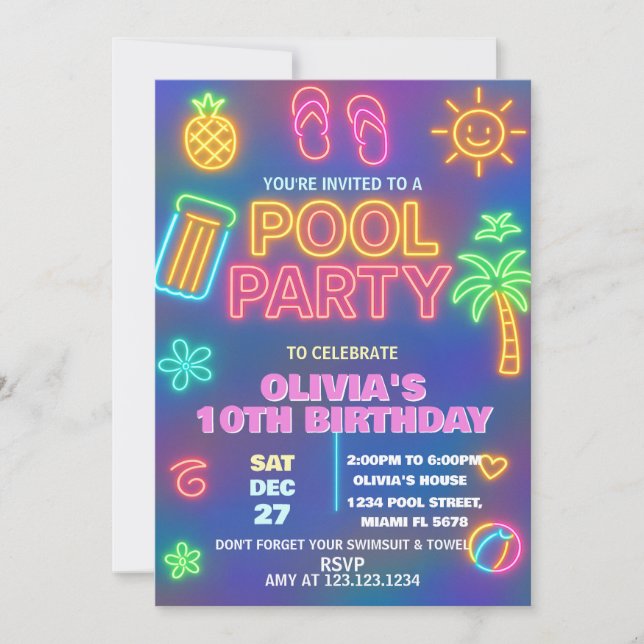 Neon Glow Pool Party Birthday Invite (Front)