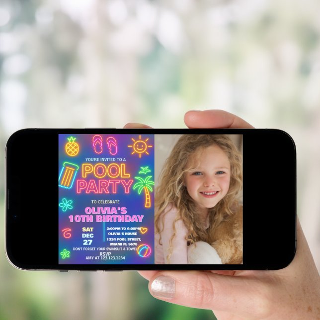 Neon Glow Pool Party Birthday Invite (Front Digital)