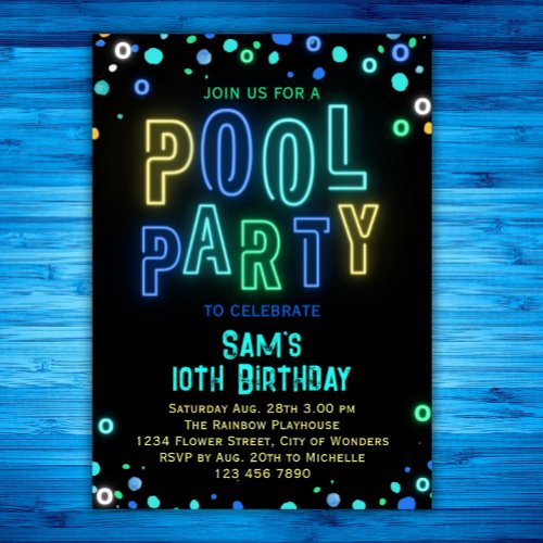 Neon Glow Pool Party Boys Summer Birthday Party  Invitation