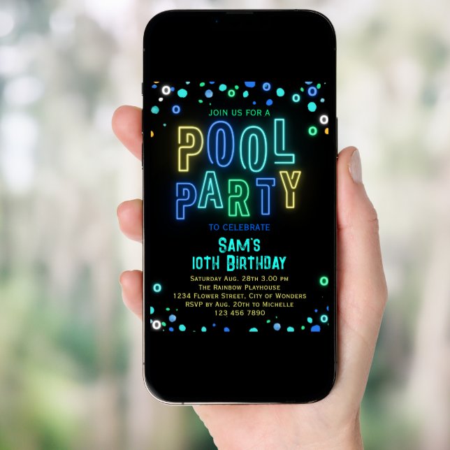 Neon Glow Pool Party Boys Summer Birthday Party  Invitation (Front Digital)