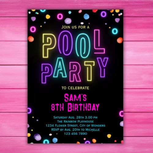 Neon Glow Pool Party Girls Pink Purple Birthday Invitation