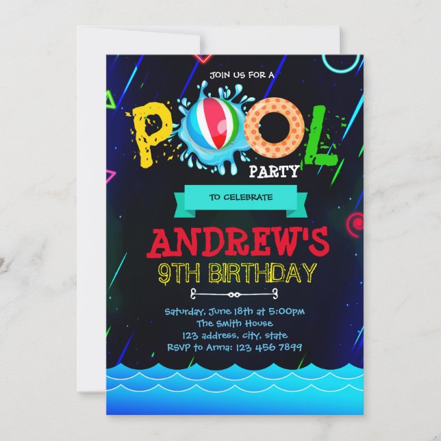 Neon glow pool party invitation (Front)
