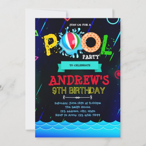 Neon glow pool party invitation