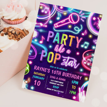 Neon Glow Pop Star Dance Music Birthday Party Invitation by PixelPerfectionParty at Zazzle