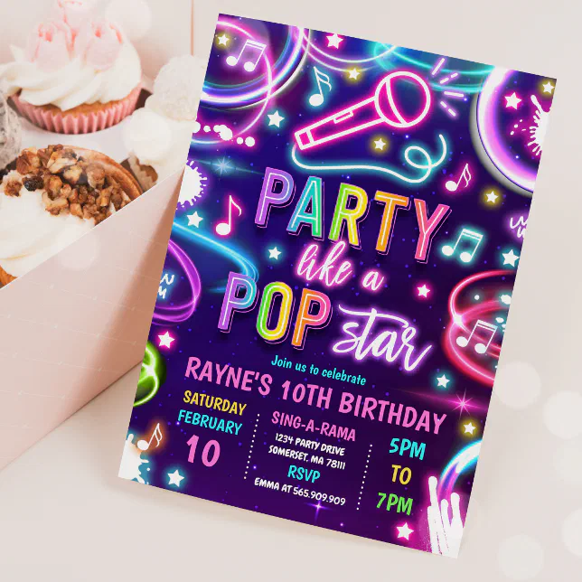 Neon Glow Pop Star Dance Music Birthday Party Invitation | Zazzle