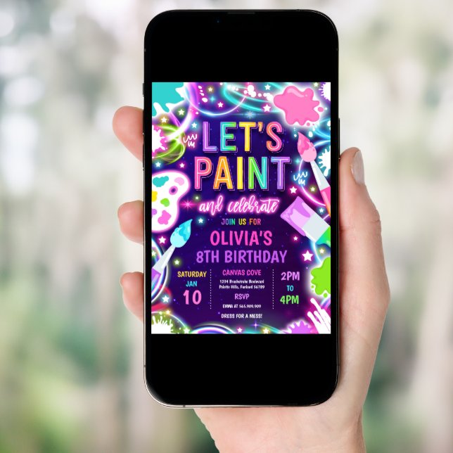 Neon Glow Pottery Painting Birthday Party Invitation (Front Digital)