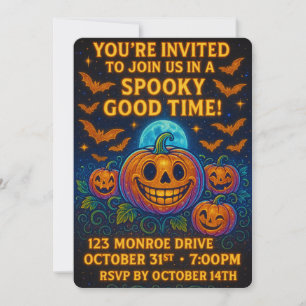 Neon Glow Pumpkin Halloween Party Invitation