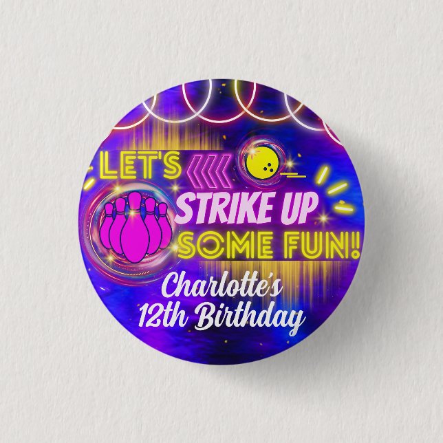 Neon Glow Purple Girl's Bowling Birthday Party Button (Front)