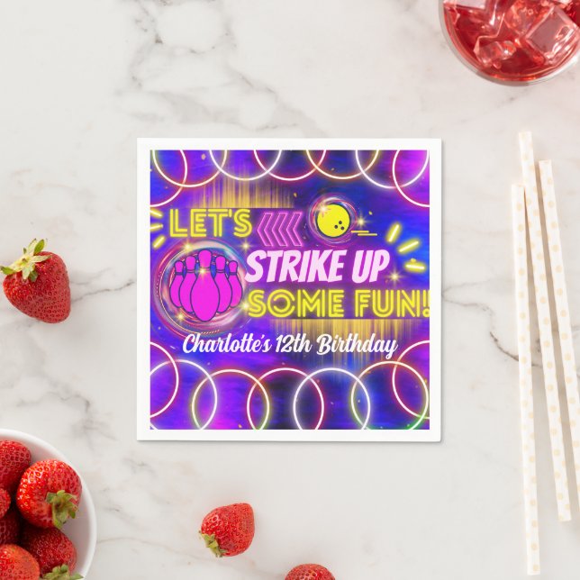 Neon Glow Purple Girl's Bowling Birthday Party Napkins (Insitu)