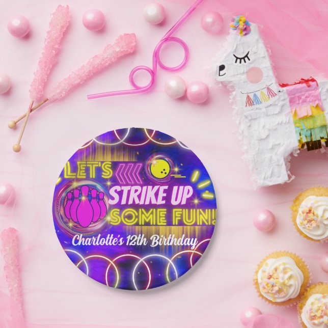 Neon Glow Purple Girl's Bowling Birthday Party Paper Plates (Party)