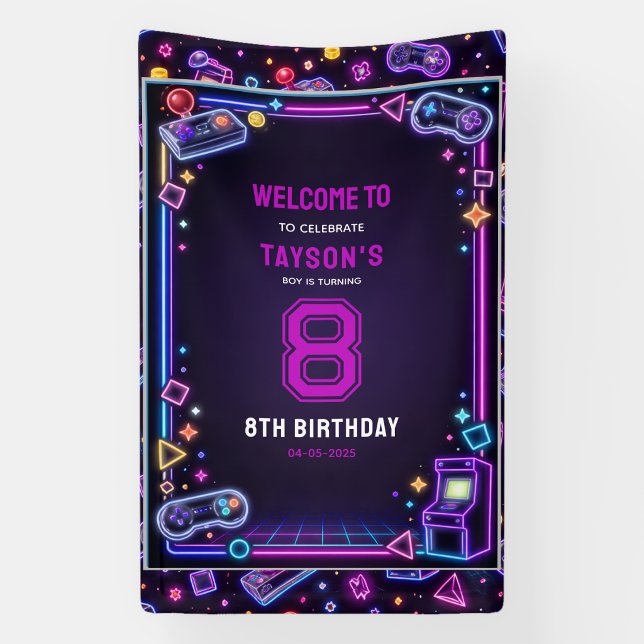 Neon Glow Retro Arcade Gaming 8th Birthday Banner (Neon Glow Retro Arcade Gaming 8th Birthday Banner
)